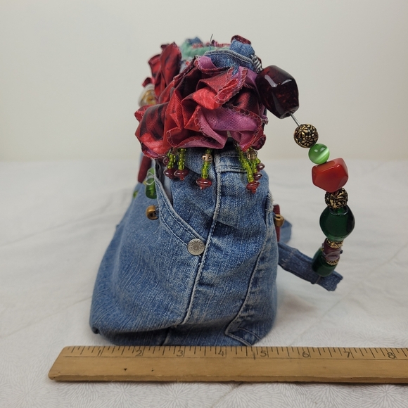 Hand Crafted By Scarlet Denim Red Beaded Women's Bag Lined Bead Handle Boho Arty - Picture 8 of 9